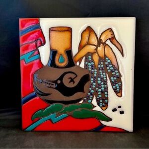 Vtg Masterworks Handcrafted Ceramic Art Tile Trivet 6” Southwestern Style EUC
